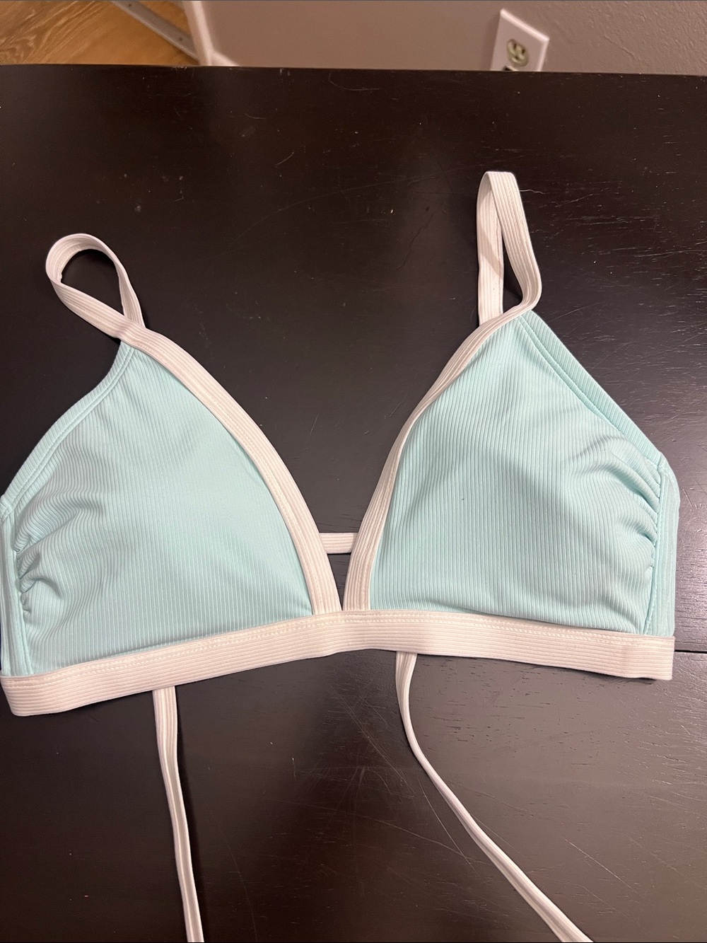 Xhilaration Light Aqua Ribbed Triangle Bikini Top with White Trim